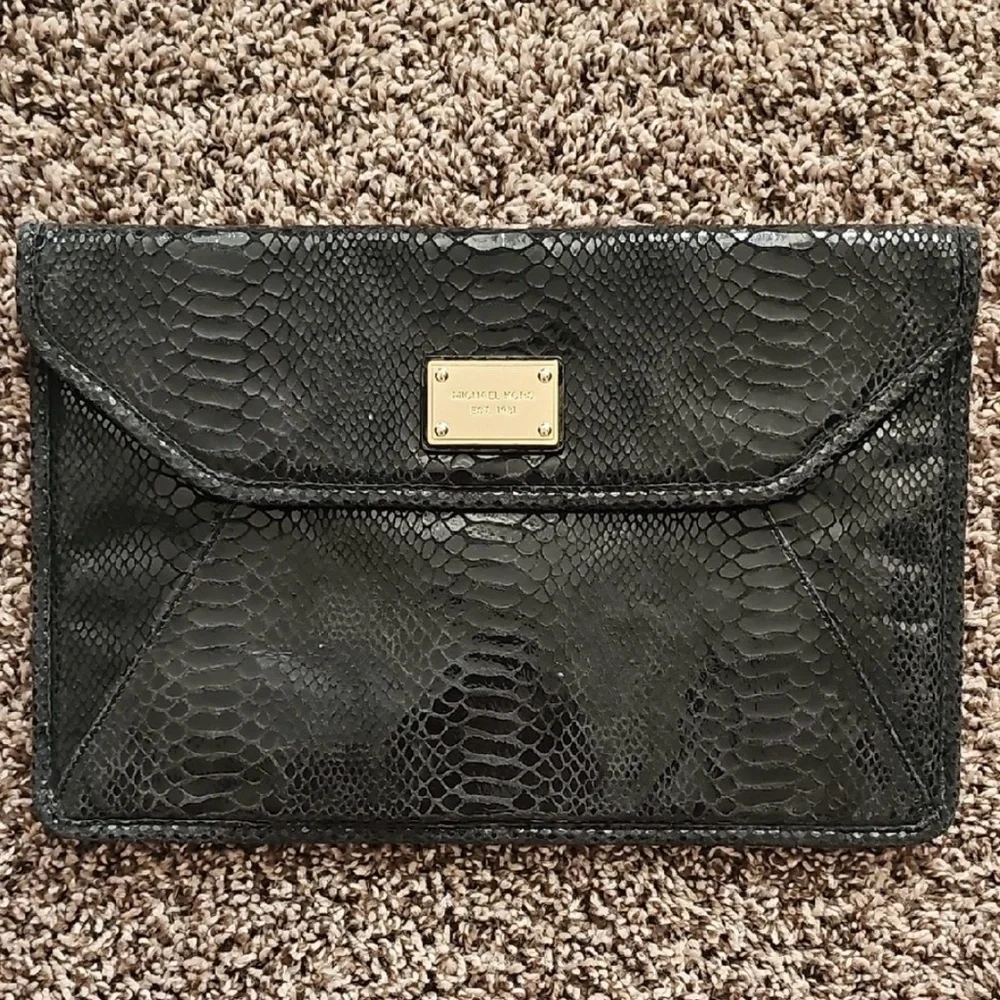 Michael Kors Black Snakeskin Clutch 13”x 9” Like New